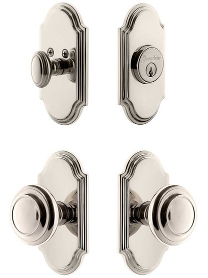 Grandeur Arc Entry Door Set, Keyed Alike with Circulair Knobs in Polished Nickel.